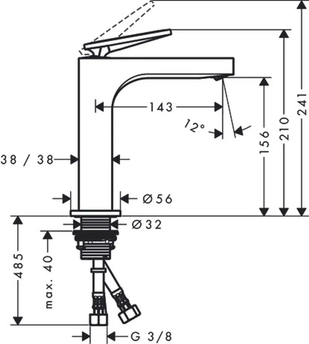 Einhebel-Waschtischmischer mit Hebelgriff und Ablaufgarnitur in Chrom. Technische Zeichnung mit Maßen und Anschlussdetails, erkennbar als AXOR Produkt.